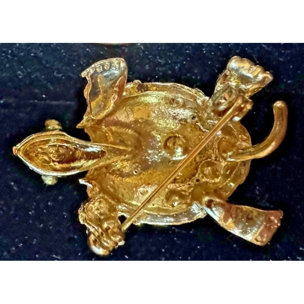 Vintage Turtle Brooch Red Enamel Rhinestone Gold Tone Figural Turtle Pin Costume